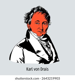 O Barão Karl Drais é um inventor alemão. Suas invenções incluem a bicicleta, máquina de escrever e moedor de carne. Ilustração de vetor desenhada à mão