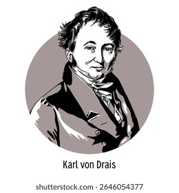 Baron Karl Drais is a German inventor. His inventions include the bicycle, typewriter, and meat grinder. Hand drawn vector illustration