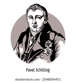 Baron Pavel Schilling ist ein berühmter russischer Wissenschaftler, Ethnograf, Philologe, Kryptograf und Erfinder des weltweit ersten elektromagnetischen Telegrafen. Handgezeichnete Vektorgrafik