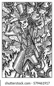 Baron Samedi, day of the dead. Fantasy creatures collection. Hand drawn vector illustration. Engraved line art drawing, black and white doodle