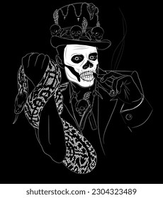 Baron Samedi, with snake, cigar, skulls, razor, black and white