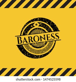 Baroness black grunge emblem inside yellow warning sign. Vector Illustration. Detailed.