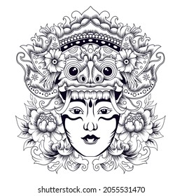 Barong Balinese mask tattoo style in black and white