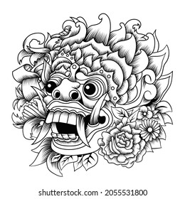 Barong Balinese mask tattoo style in black and white