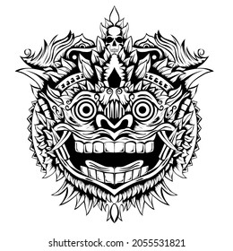 Barong Balinese mask tattoo style in black and white