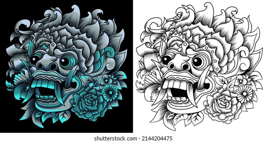 barong balinese mask vector illustration in neon color style