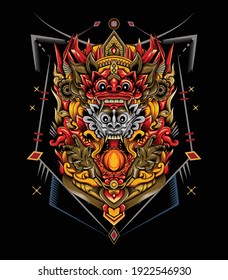 Barong head glowing red color with sacred geometric background (Balinese culture)