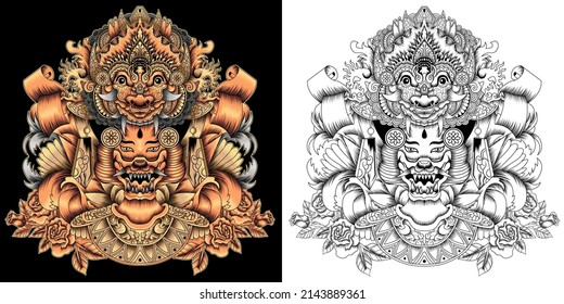 barong mask with balinese dancer vector illustration