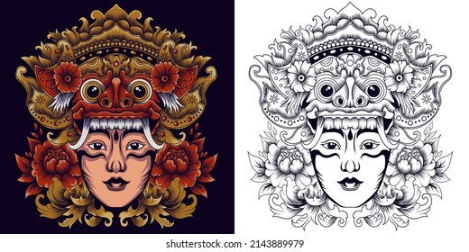 barong mask with balinese girl vector illustration