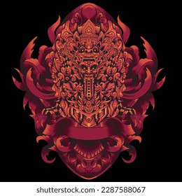 Barong and rangda illustration with baroque ornament background