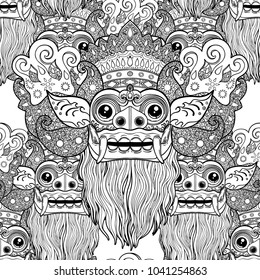 Barong. Traditional ritual Balinese mask. Vector decorative ornate outline black and white seamless pattern. Hindu ethnic symbol, tattoo art, yoga, Bali spiritual design for print, t-shirt, textile.
