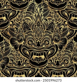 Barong. Traditional ritual Balinese mask. Vector decorative ornate outline black and gold seamless pattern. Hindu ethnic symbol, tattoo art, yoga, Bali spiritual design