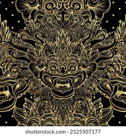 Barong. Traditional ritual Balinese mask. Vector decorative ornate outline black and gold seamless pattern. Hindu ethnic symbol, tattoo art, yoga, Bali spiritual design