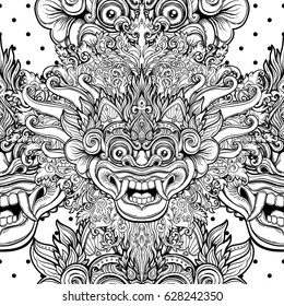 Barong. Traditional ritual Balinese mask. Vector decorative ornate outline black and white seamless pattern. Hindu ethnic symbol, tattoo art, yoga, Bali spiritual design for print, t-shirt, textile.