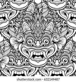 Barong. Traditional ritual Balinese mask. Vector decorative ornate outline black and white seamless pattern. Hindu ethnic symbol, tattoo art, yoga, Bali spiritual design for print, t-shirt, textile.