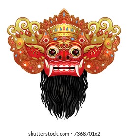 Barong. Traditional ritual Balinese mask. Vector color illustration in red, gold and black isolated. Hindu ethnic symbol, tattoo art, yoga, Bali spiritual design for print, poster, t-shirt, textile. 