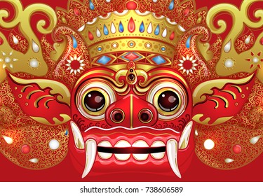 Barong. Traditional ritual Balinese mask. Vector color illustration in red, gold and black isolated. Hindu ethnic symbol, tattoo art, yoga, Bali spiritual design for print, poster, t-shirt, textile. 
