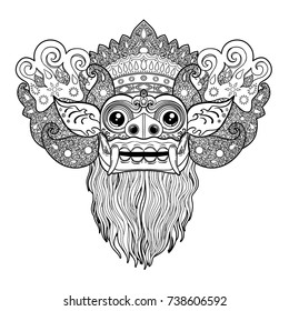 Barong. Traditional ritual Balinese mask. Vector outline illustration for coloring book isolated. Hindu ethnic symbol, tattoo art, yoga, Bali spiritual design for print, posters, t-shirts, textiles. 