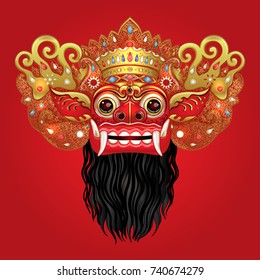 Barong. Traditional ritual Balinese mask. Vector color illustration in red, gold and black isolated. Hindu ethnic symbol, tattoo art, yoga, Bali spiritual design for print, poster, t-shirt, textile. 