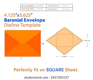 Sobre Baronial W 4.375, L 5.75 Pulgadas Plantilla Dieline. Un sobre baronial es un tipo de sobre caracterizado por su diseño elegante y clásico. Por lo general se caracteriza por un colgajo puntiagudo y es común
