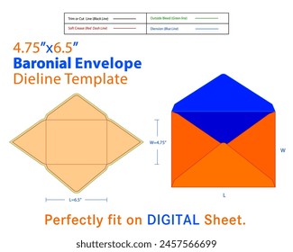 Baronial Envelope B 4,375, L 5,75 Zoll Dieline-Vorlage. Ein Baronial-Umschlag ist eine Art Umschlag, der sich durch sein elegantes und klassisches Design auszeichnet. Sie weist typischerweise eine spitze Klappe auf und ist häufig