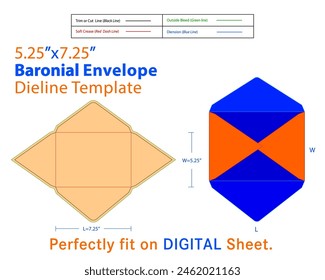 Sobre Baronial W 4.375, L 5.75 Pulgadas Plantilla Dieline. Un sobre baronial es un tipo de sobre caracterizado por su diseño elegante y clásico. Por lo general se caracteriza por un colgajo puntiagudo y es común