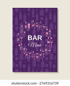 Baroom menu template design with bottles and glasses pattern. Cocktail map cover, alcohol beverages background. Vector illustration. Bar alcoholic drinks menu.