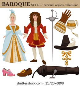 Baroque or 17 century European old retro fashion style of man and woman clothes garments and personal accessories.