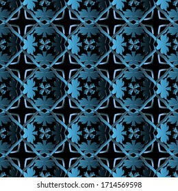 Baroque 3d seamless pattern. Ornamental vector background. Repeat floral backdrop. Surface baroque Victorian style blue ornaments. Antique style design with flowers, leaves, abstract shapes, frames.