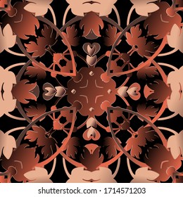 Baroque 3d seamless pattern. Ornamental vector leafy background. Repeat floral backdrop. Surface baroque Victorian style ornaments. Antique style brown design with flowers, leaves, abstract shapes.