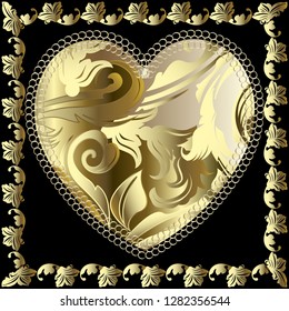 Baroque 3d vector love heart pattern. Ornamental gold Damask background. Decorative patterned floral lace love heart. Old vintage ornament in baroque Victorian style. Antique style baroque frame.