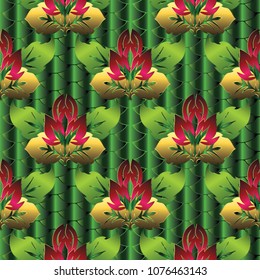 Baroque 3d vector seamless pattern. Green drapery textured floral background. Vintage 3d flowers, scroll leaves, antique ornament. Surface texture. Ornate design for curtains, fabric, materials, wraps