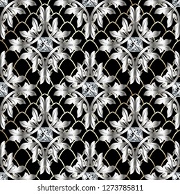 Baroque 3d vector seamless pattern. Vintage antique floral silver Damask ornament with ornate diamonds. Modern textured lace grid lattice background. Luxury royal design. Repeat ornamental texture