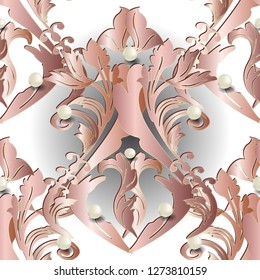 Baroque 3d vector seamless pattern. Vintage antique style floral Damask ornament. White elegance pearls.   Luxury royal design. Repeat ornamental surface texture. White isolated jewelry background. 