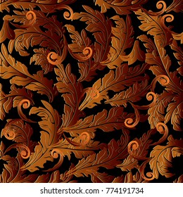 Baroque 3d vector seamless pattern. Floral leafy background. Antique 3d wallpaper. Bright scroll leaves, swirls and vintage ornaments. Surface luxury texture. Royal design for fabric, textile, prints.