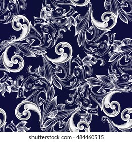 Baroque antique elegant dark blue floral vintage vector seamless pattern background wallpaper illustration with white medieval decorative baroque flowers, leaves and ornaments. Stylish luxury texture