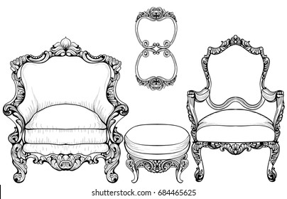 Baroque armchair with luxurious ornaments. Vector French Luxury rich intricate structure. Victorian Royal Style decors