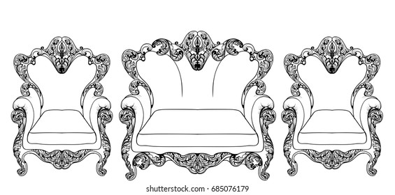 Baroque armchair with luxurious ornaments. Vector French Luxury rich intricate structure. Victorian Royal Style decor