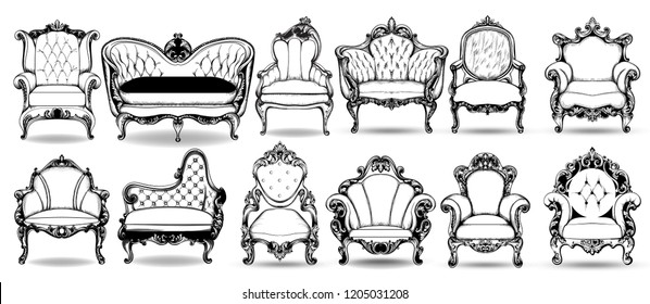 Baroque armchair and sofa set. Vector French Luxury rich intricate structure. Victorian Royal Style decor with luxurious ornaments