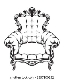 Baroque armchair Vector. Royal style decotations. Victorian ornaments engraved. Imperial furniture decor illustrations line arts