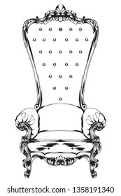 Baroque armchair Vector. Royal style decotations. Victorian ornaments engraved. Imperial furniture decor illustrations line arts