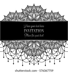 Baroque background with antique, lace black and metal silver vintage frame, victorian banner, eastern mandalas with beads, invitation card, baroque booklet, fashion pattern, template for design.