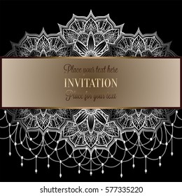 Baroque background with antique, lace black and metal silver vintage frame, victorian banner, eastern mandalas with beads, invitation card, baroque booklet, fashion pattern, template for design.