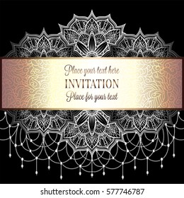 Baroque background with antique, lace black and metal silver vintage frame, victorian banner, eastern mandalas with beads, invitation card, baroque booklet, fashion pattern, template for design.
