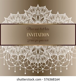 Baroque background with antique, lacy beige and metal gold vintage frame, victorian banner, eastern mandalas with beads, invitation card, baroque booklet, fashion pattern, template for design.