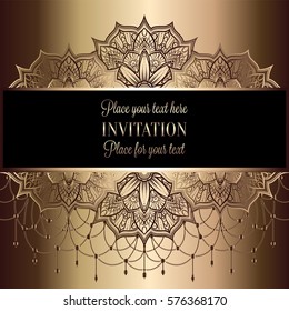 Baroque background with antique, lacy beige and metal gold vintage frame, victorian banner, eastern mandalas with beads, invitation card, baroque booklet, fashion pattern, template for design.