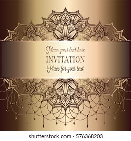 Baroque background with antique, lacy beige and metal gold vintage frame, victorian banner, eastern mandalas with beads, invitation card, baroque booklet, fashion pattern, template for design.