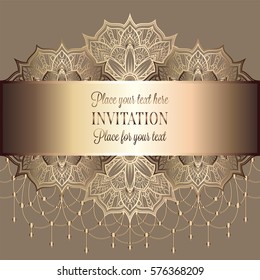 Baroque background with antique, lacy beige and metal gold vintage frame, victorian banner, eastern mandalas with beads, invitation card, baroque booklet, fashion pattern, template for design.