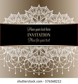 Baroque background with antique, lacy beige and metal gold vintage frame, victorian banner, eastern mandalas with beads, invitation card, baroque booklet, fashion pattern, template for design.