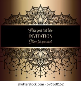 Baroque background with antique, lacy black and metal gold vintage frame, victorian banner, eastern mandalas with beads, invitation card, baroque booklet, fashion pattern, template for design.
